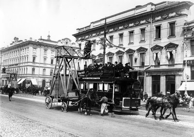 Wooden scaffolding cart used for street tram wire repairs, St Petersburg, 1908 by Karl Karlovich Bulla